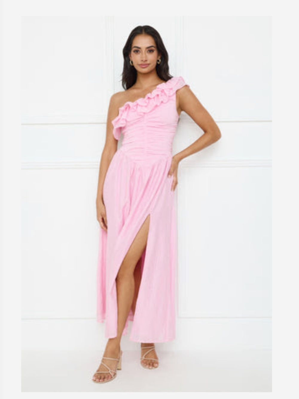 Hello Molly-One-Shoulder Pink Ruffle Maxi Dress